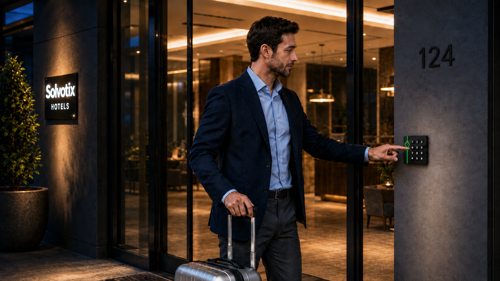 No app is required. Getting in feels simple for Nico while the hotel remains in control. At the main entrance, Nico enters his code on the keypad. The door opens and his check-in is registered automatically.