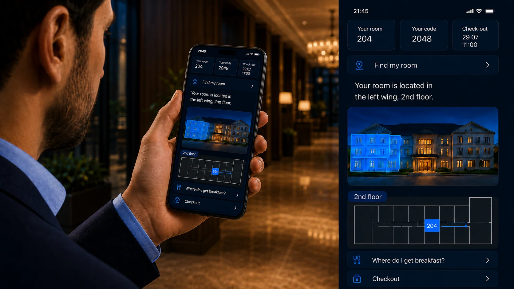 In the guest portal, Nico finds his room number, access code, personal messages and directions to his room. The hotel can also share useful information and offer additional services such as breakfast, parking or late check-out.