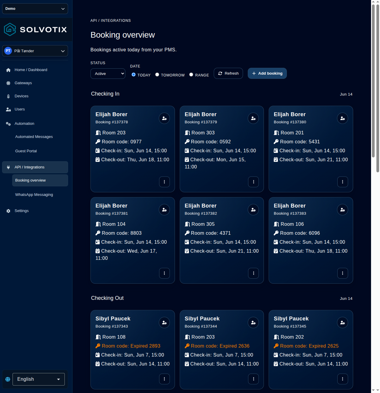 Solvotix bookings screen