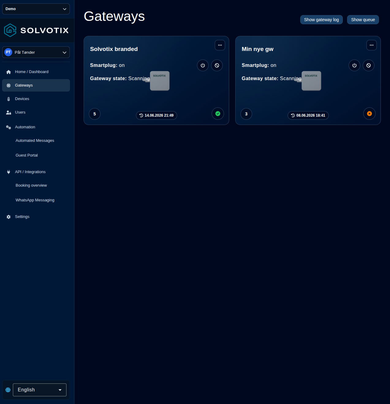 Solvotix gateway monitoring screen